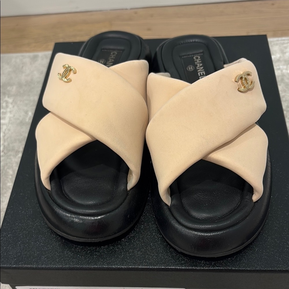 Chanel Cream and Black Quilted Sandals